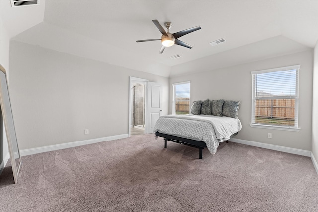 carpeted bedroom with multiple windows, a raised ceiling, and ceiling fan