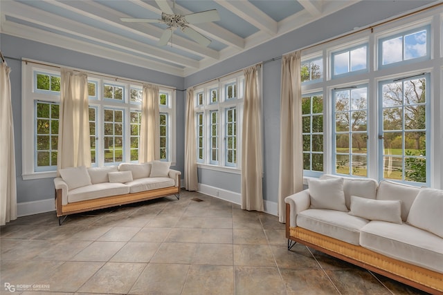 sunroom featuring ceiling fan and beam ceiling