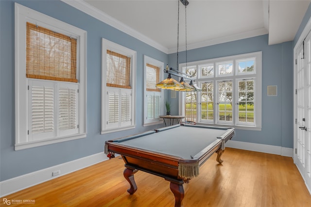 rec room with hardwood / wood-style flooring, ornamental molding, and pool table