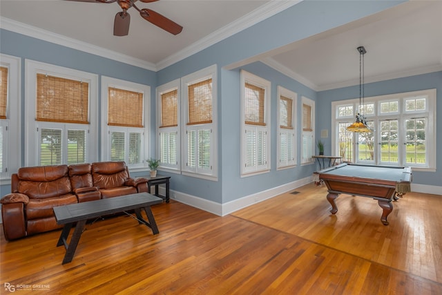 playroom featuring wood-type flooring, ceiling fan, crown molding, and billiards