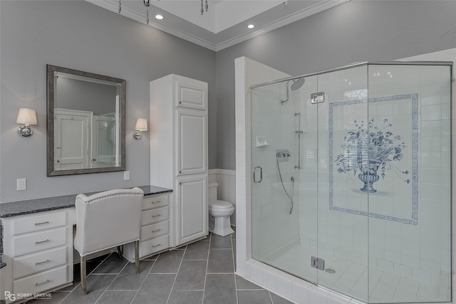 bathroom with ornamental molding, tile patterned floors, toilet, and a shower with shower door