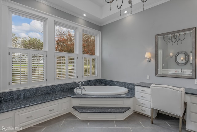 bathroom with a tub, tile patterned flooring, and ornamental molding