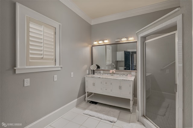 bathroom with tile patterned flooring, vanity, a shower with shower door, and crown molding