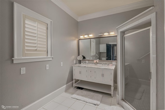 bathroom with tile patterned flooring, vanity, a shower with door, and ornamental molding