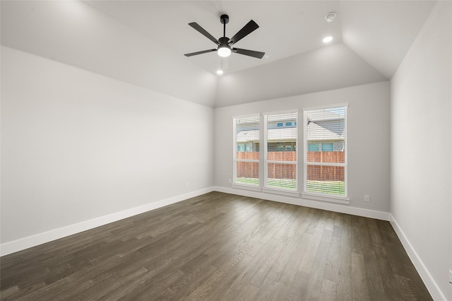 unfurnished room featuring lofted ceiling, baseboards, ceiling fan, dark wood-style floors, and recessed lighting