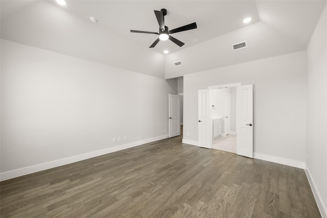 unfurnished bedroom featuring visible vents, wood finished floors, high vaulted ceiling, baseboards, and recessed lighting