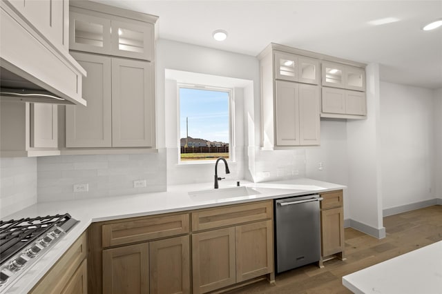 kitchen featuring a sink, stainless steel appliances, wood finished floors, decorative backsplash, and glass insert cabinets