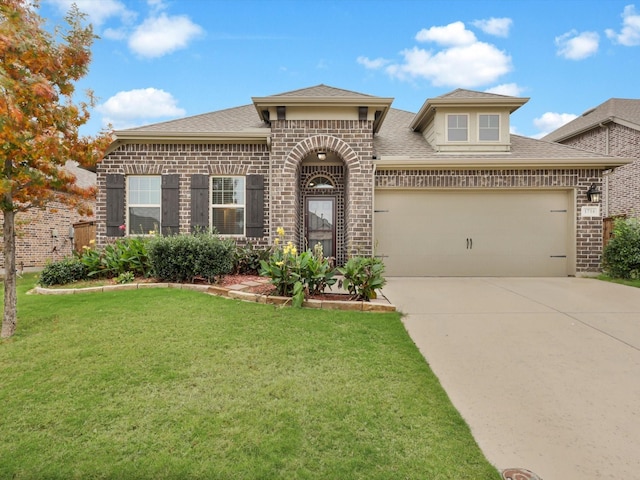 view of front of home featuring brick siding, an attached garage, concrete driveway, and a front yard