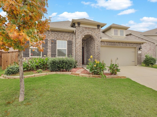 view of front of house with driveway, fence, a front yard, a shingled roof, and brick siding