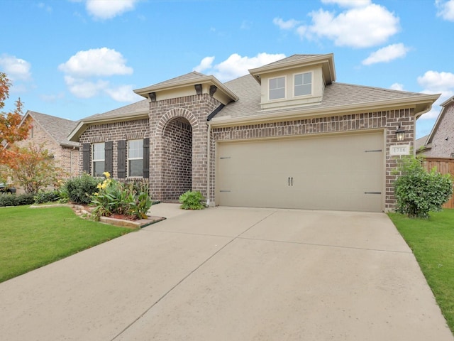 view of front of home featuring brick siding, a shingled roof, a front lawn, concrete driveway, and a garage