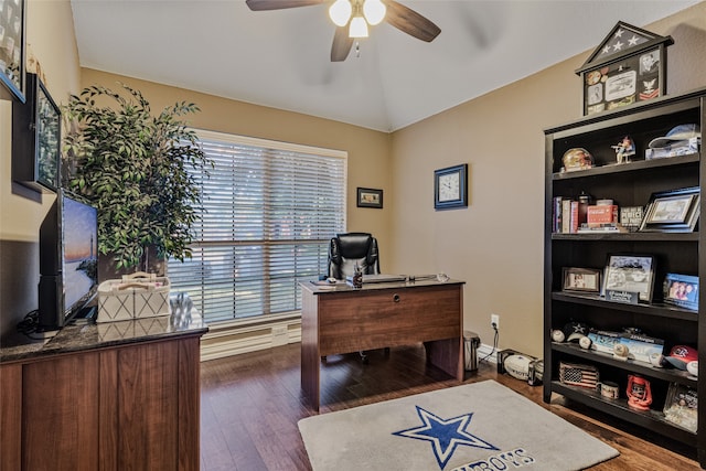 office space with lofted ceiling, ceiling fan, and dark hardwood / wood-style floors