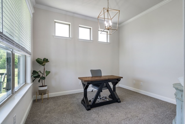 carpeted office with crown molding and an inviting chandelier