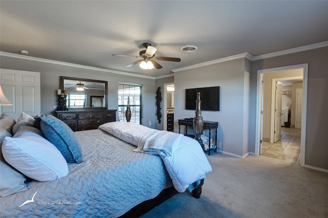 bedroom with connected bathroom, ceiling fan, light colored carpet, and ornamental molding