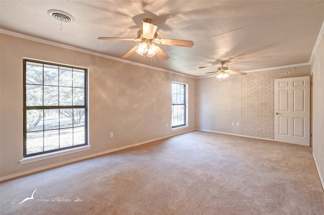 carpeted empty room with crown molding, ceiling fan, and a textured ceiling