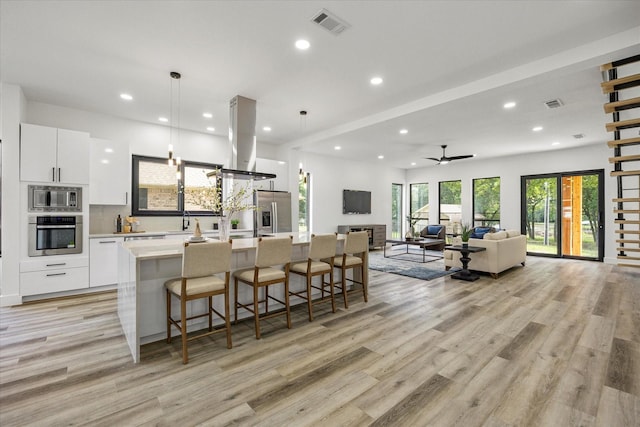 kitchen with white cabinetry, island range hood, a kitchen island with sink, and appliances with stainless steel finishes