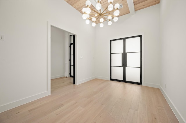 unfurnished room featuring a notable chandelier, wooden ceiling, light hardwood / wood-style floors, and french doors