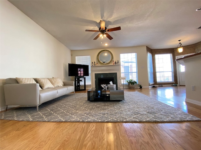 living room featuring ceiling fan, hardwood / wood-style floors, and a textured ceiling