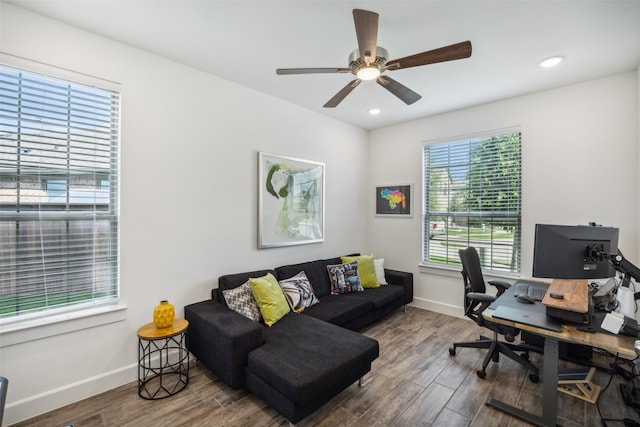 office space with ceiling fan and wood-type flooring