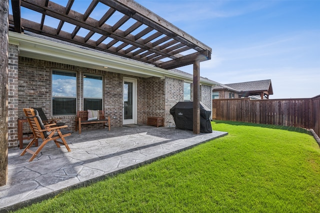 view of patio featuring a grill