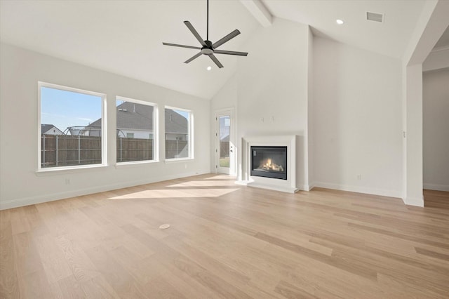 unfurnished living room featuring ceiling fan, beamed ceiling, high vaulted ceiling, and light wood-type flooring