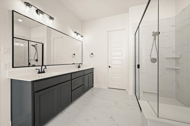 bathroom featuring vanity and a shower with shower door