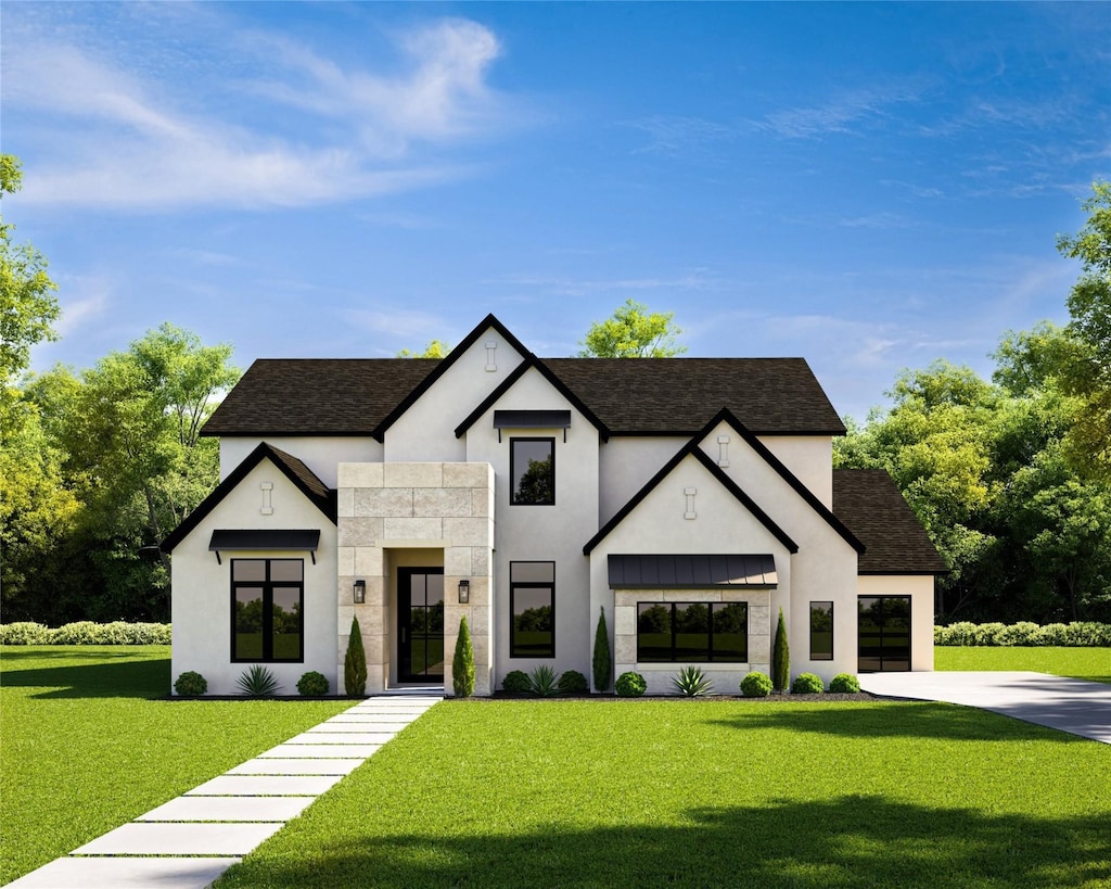 view of front of property with driveway, an attached garage, roof with shingles, and a front yard