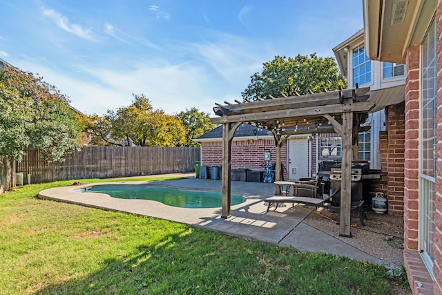 view of pool with a grill, a patio area, a pergola, and a yard