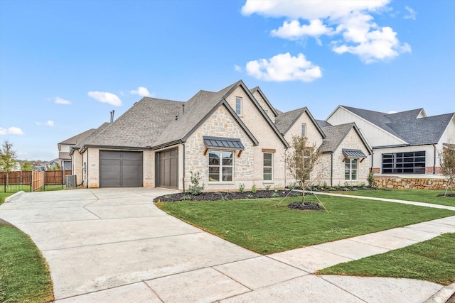 french country style house featuring central air condition unit, a front yard, and a garage