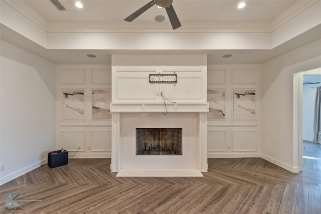 unfurnished living room featuring ceiling fan, a high end fireplace, and dark parquet floors