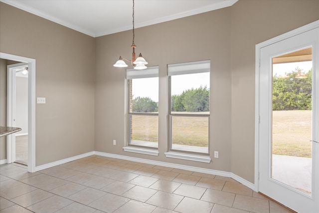 unfurnished dining area featuring light tile patterned floors, crown molding, and a notable chandelier