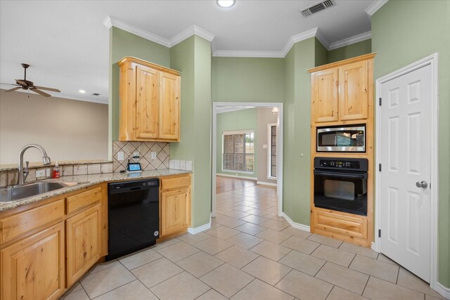 kitchen featuring black appliances, crown molding, sink, ceiling fan, and light brown cabinetry