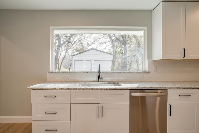 kitchen featuring backsplash, white cabinetry, dishwasher, and sink