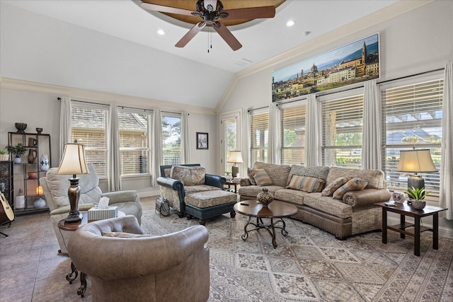 tiled living area with recessed lighting, a ceiling fan, baseboards, vaulted ceiling, and crown molding