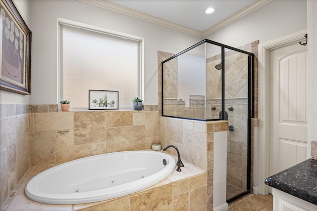 full bathroom with recessed lighting, vanity, ornamental molding, a shower stall, and a tub with jets