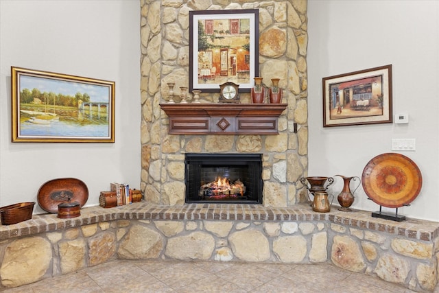 tiled living room with a fireplace