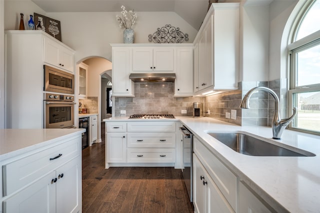 kitchen featuring white cabinets, appliances with stainless steel finishes, dark hardwood / wood-style floors, and sink