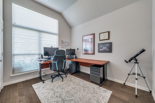 office area with lofted ceiling and dark hardwood / wood-style floors