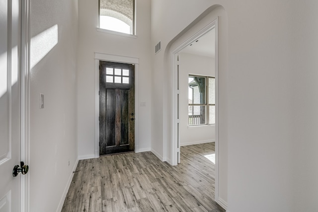 foyer featuring light hardwood / wood-style flooring and a high ceiling