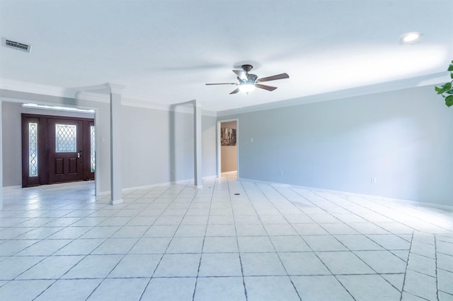 interior space featuring crown molding, ceiling fan, and light tile patterned flooring