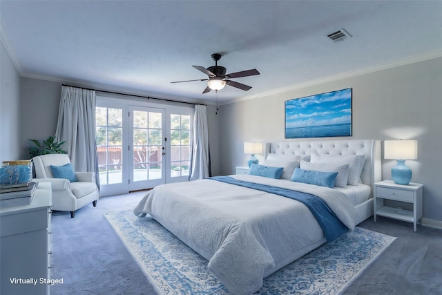 bedroom with ornamental molding, carpet, access to exterior, and ceiling fan