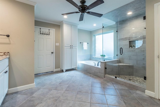 bathroom with vanity, ornamental molding, plus walk in shower, and ceiling fan