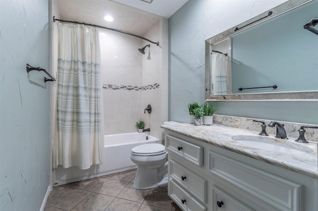 full bathroom with tile patterned flooring, vanity, shower / tub combo with curtain, and toilet