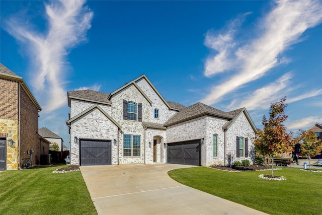 french provincial home with a front yard, a garage, and cooling unit