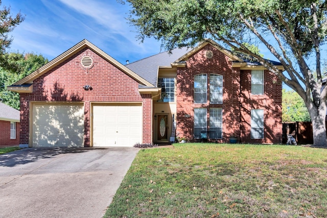 view of property featuring a garage and a front lawn