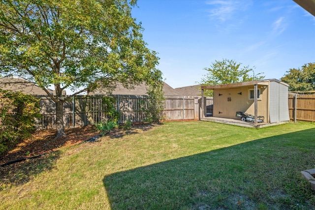 view of yard featuring a storage unit