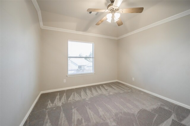 unfurnished room with carpet, ceiling fan, and crown molding