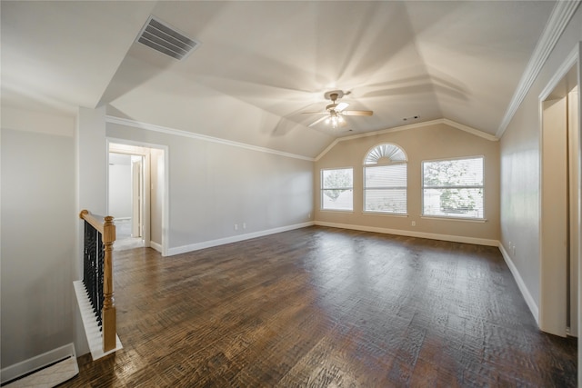 interior space featuring ceiling fan, dark hardwood / wood-style flooring, and lofted ceiling