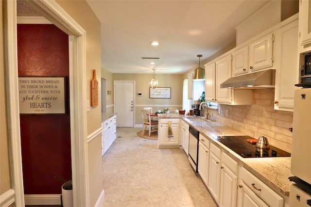 kitchen with decorative light fixtures, dishwasher, sink, white cabinetry, and black electric cooktop