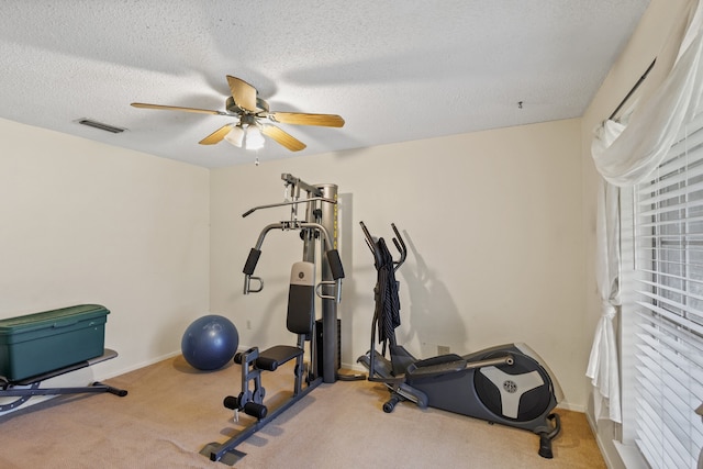 exercise room featuring carpet, ceiling fan, and a textured ceiling