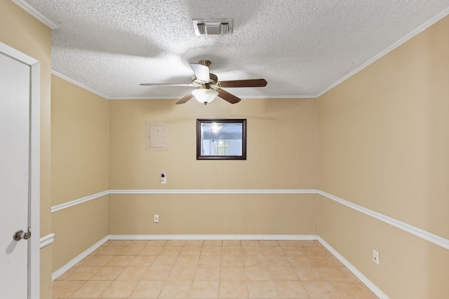 unfurnished room featuring crown molding, light tile patterned floors, a textured ceiling, and ceiling fan